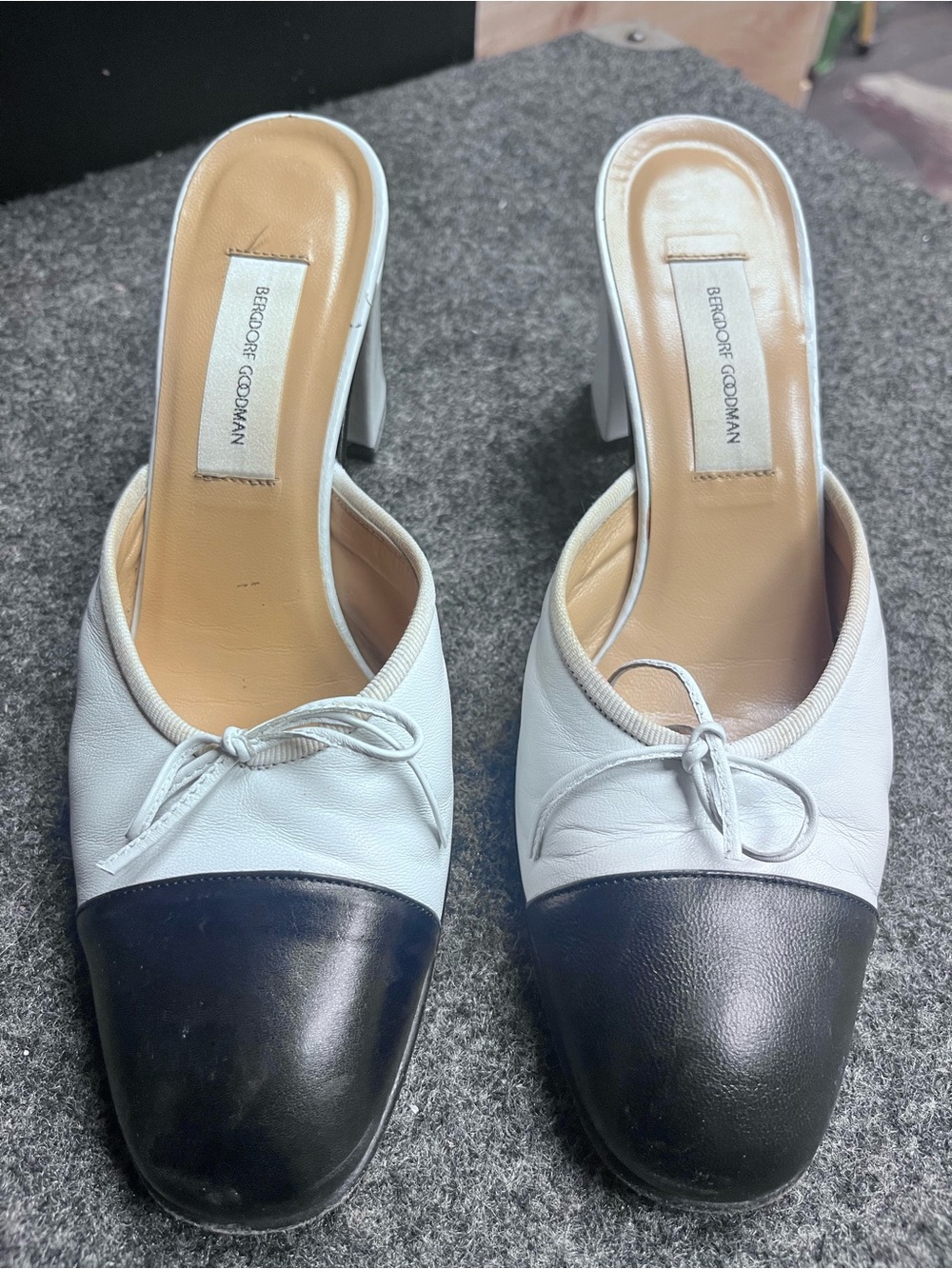 Vintage Bergdorf Goodman Two-Tone White and Black Leather Mule Heels